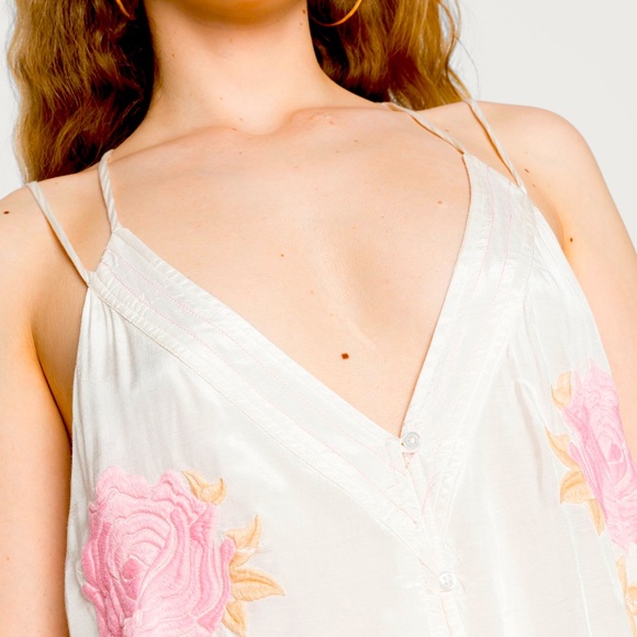 New Free People Zayda Embroidered XS S M Ivory Pink V-Neck Roses Silky Tank Top - Picture 6 of 13